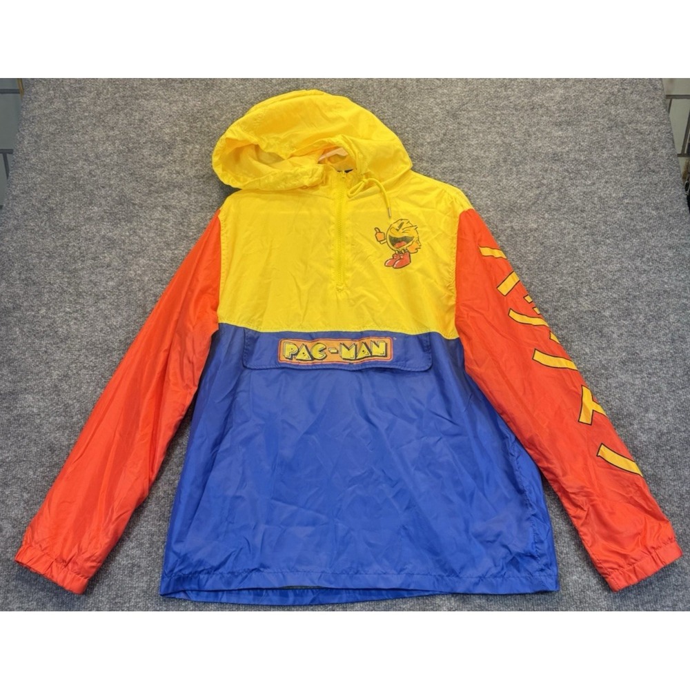 Pac-Man Colorblock Hooded Windbreaker Jacket Yellow Red Blue Men's Medium